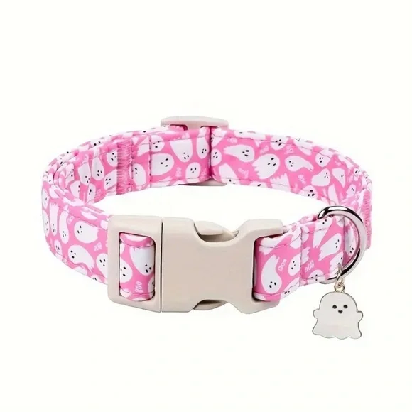 Pink Ghost Pattern Pet Collar with Ghost Charm - Picture 5 of 6